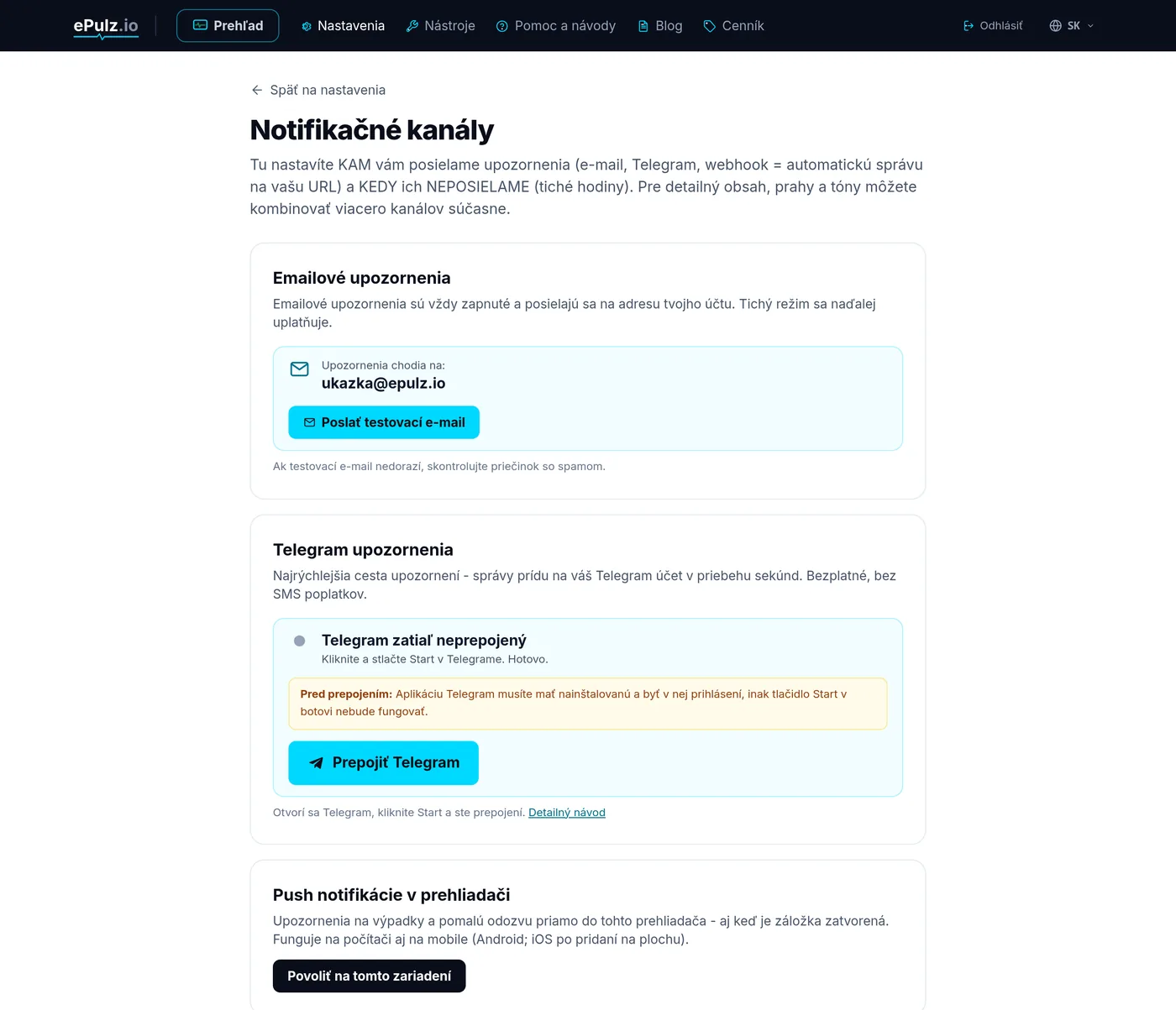 Nastavenia notifikácií v ePulz.io