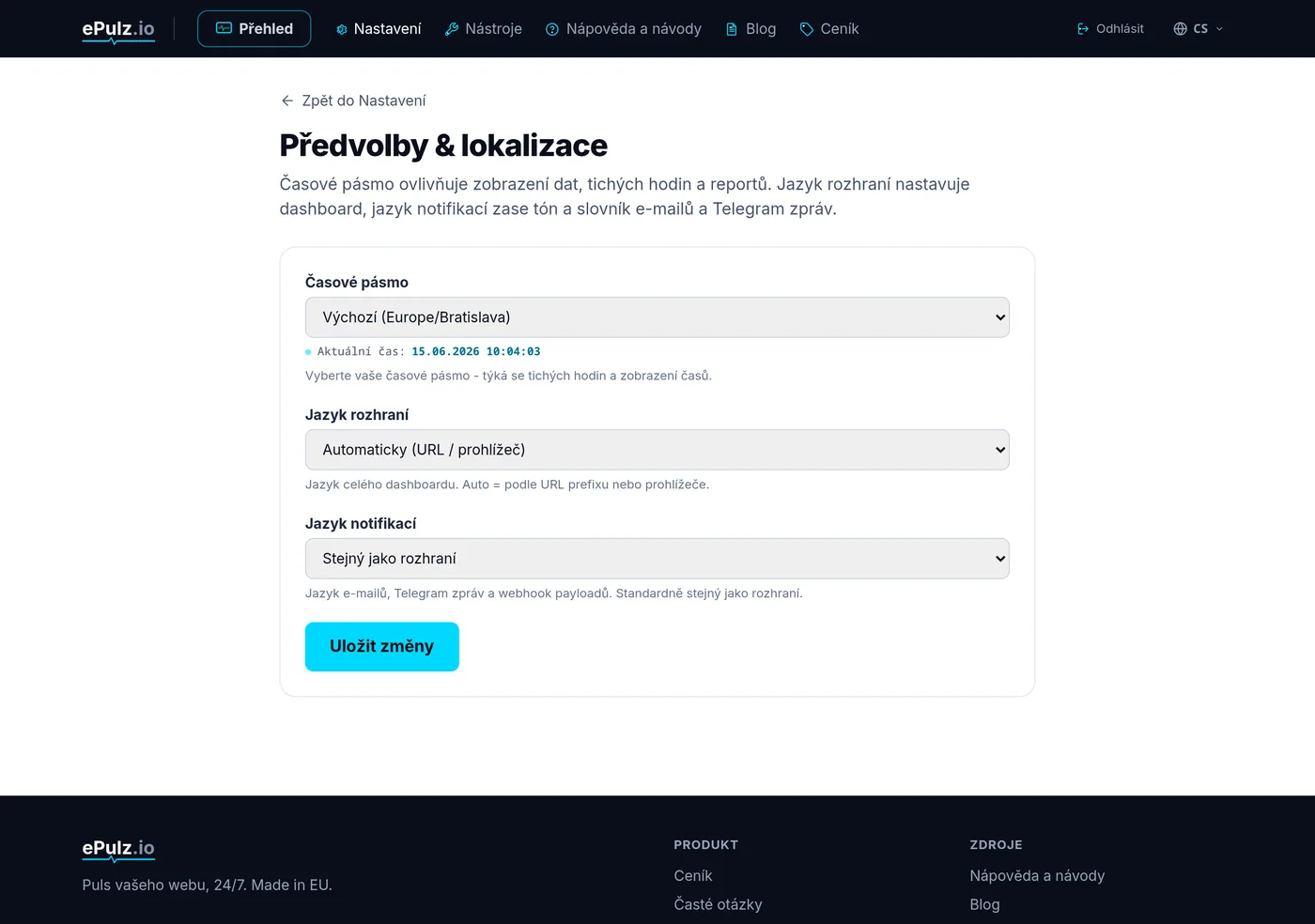 Předvolby a lokalizace v nastavení - výběr časového pásma a jazyka