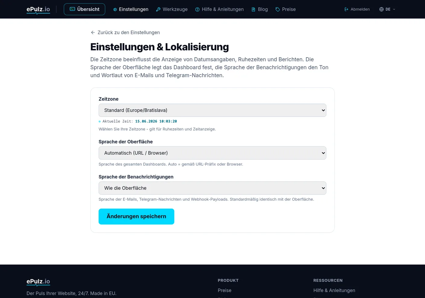 Einstellungen und Lokalisierung in den Einstellungen - Auswahl von Zeitzone und Sprache