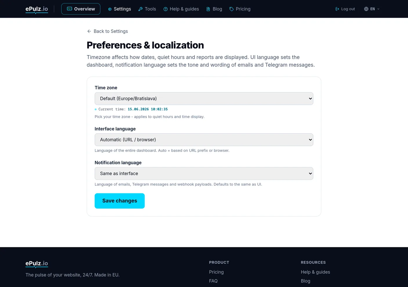 Preferences and localization in settings - time zone and language selection