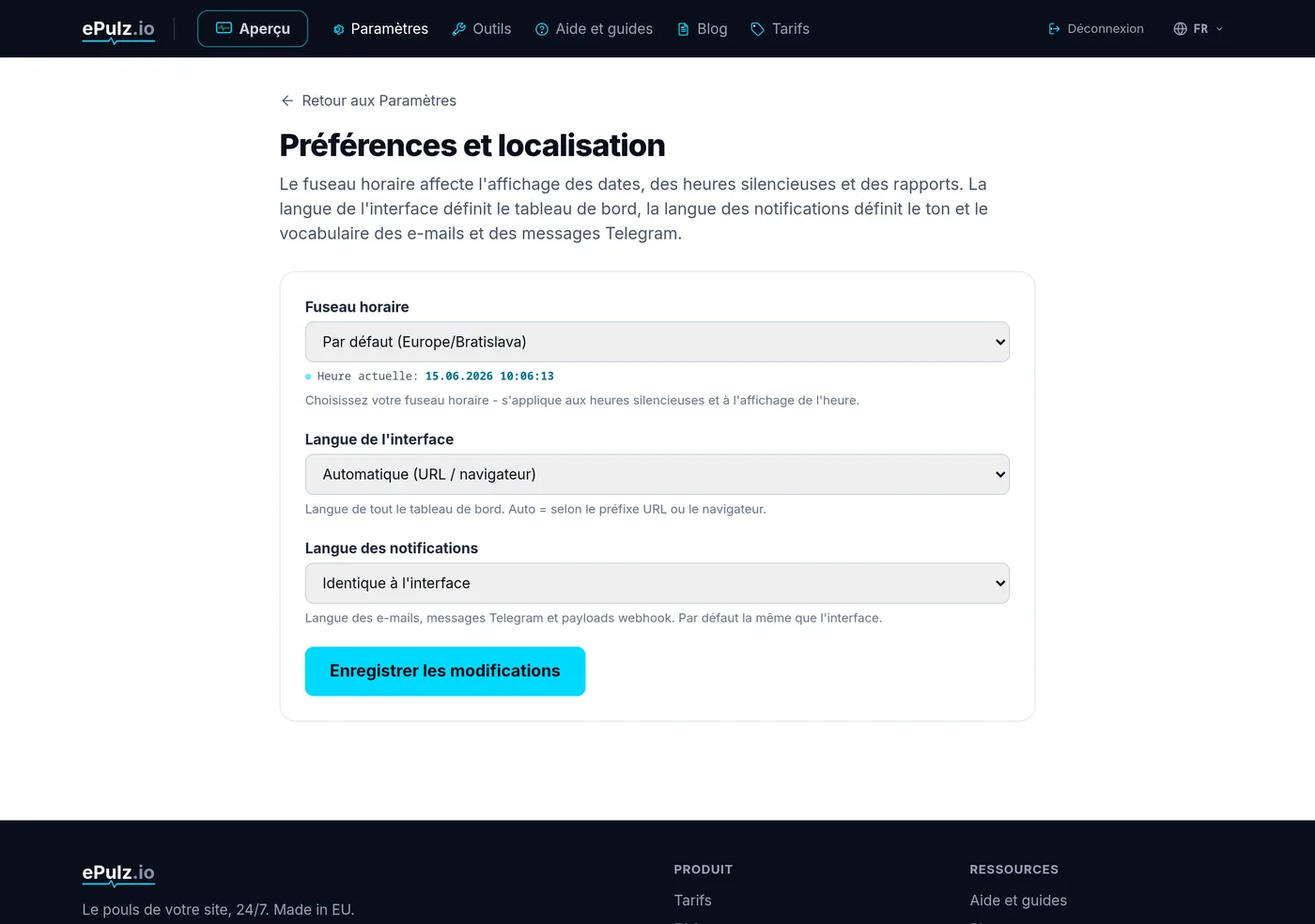 Préférences et localisation dans les paramètres - choix du fuseau horaire et de la langue