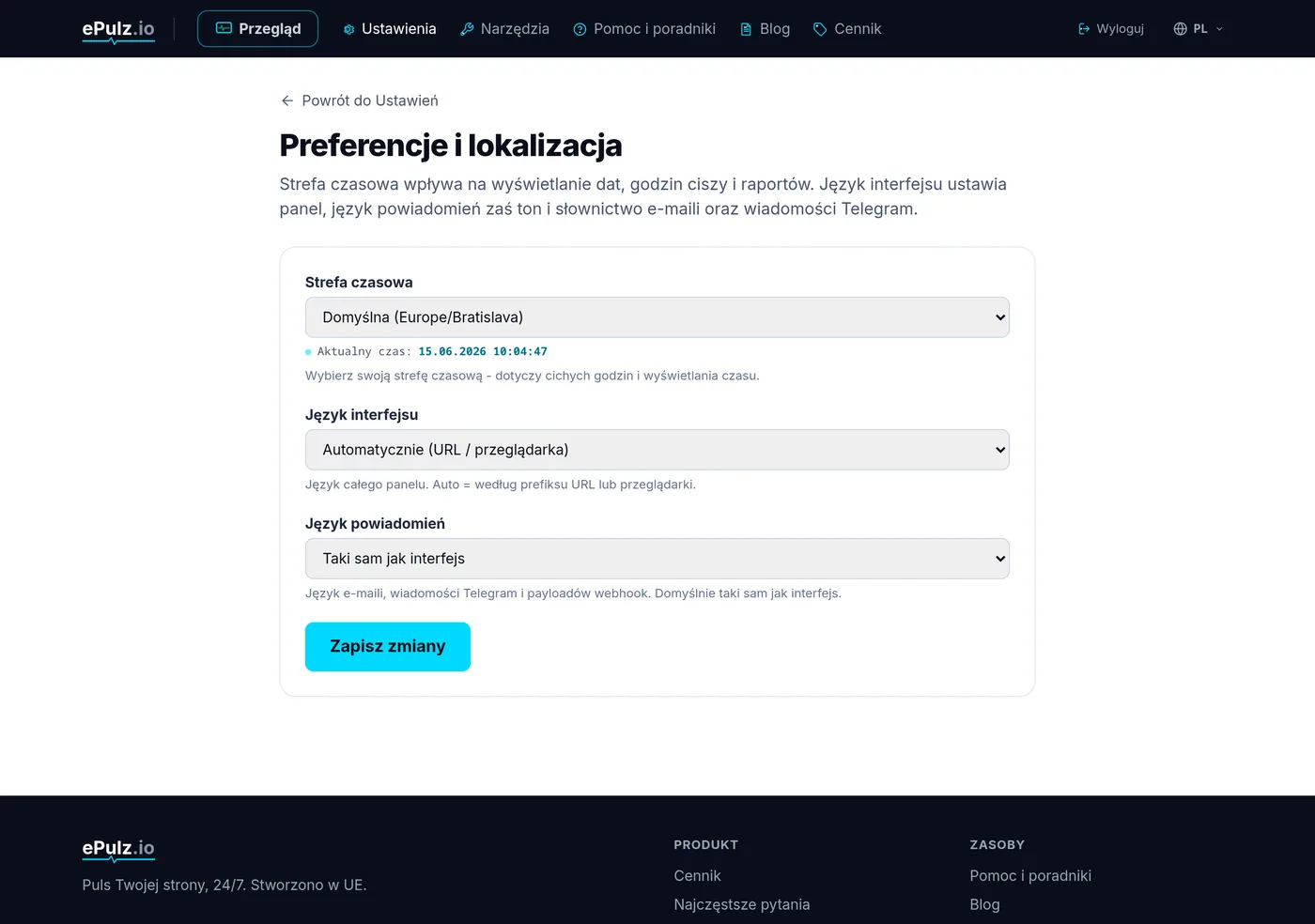 Preferencje i lokalizacja w ustawieniach - wybór strefy czasowej i języka