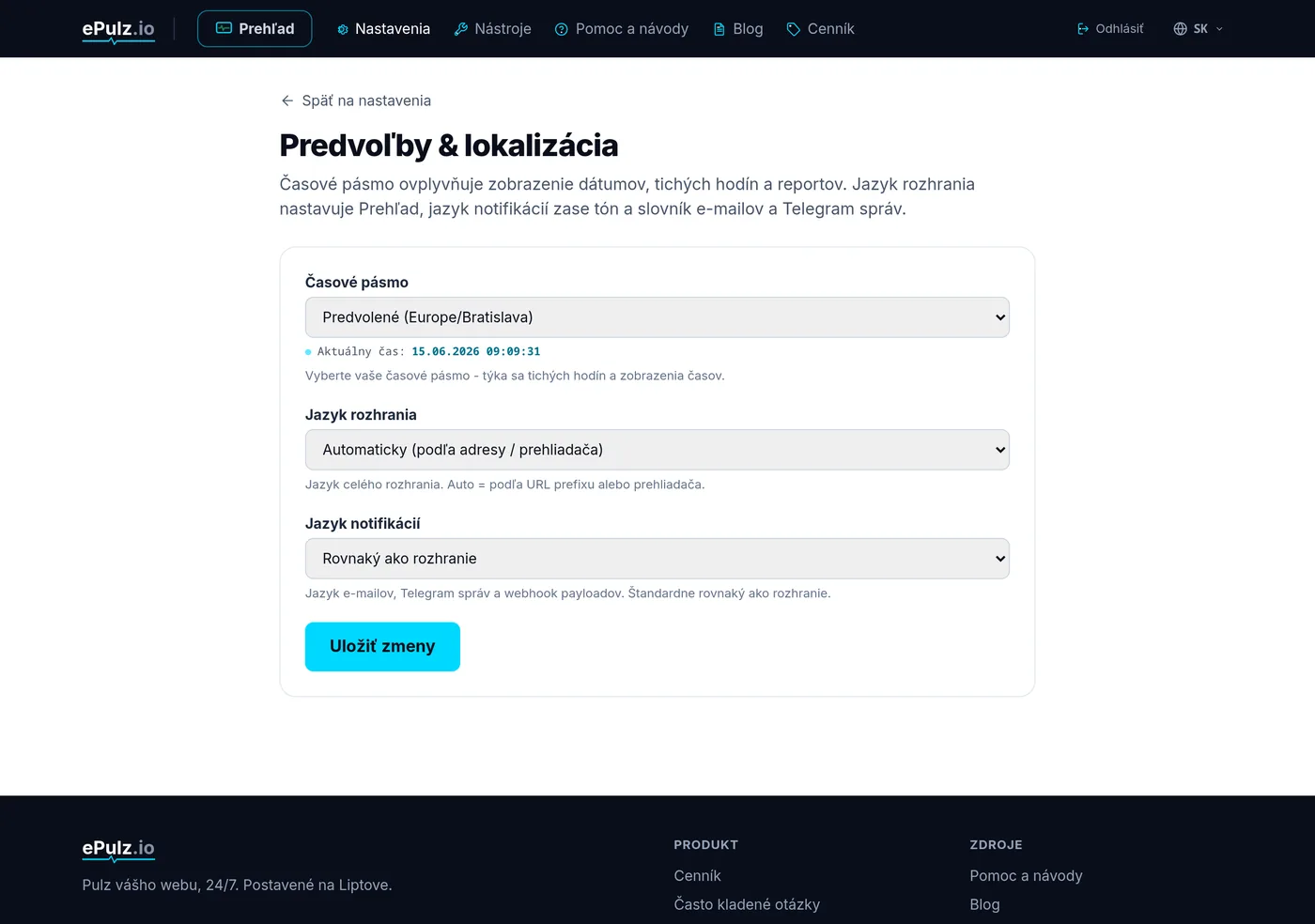 Predvoľby a lokalizácia v nastaveniach - výber časovej zóny a jazyka