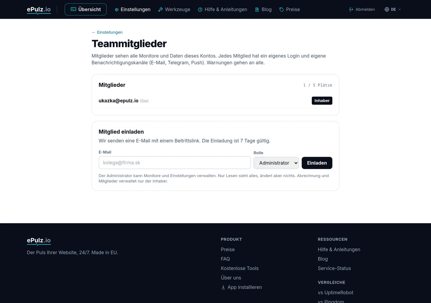 Teamkonten - Mitgliederliste, Rollen und Einladungen