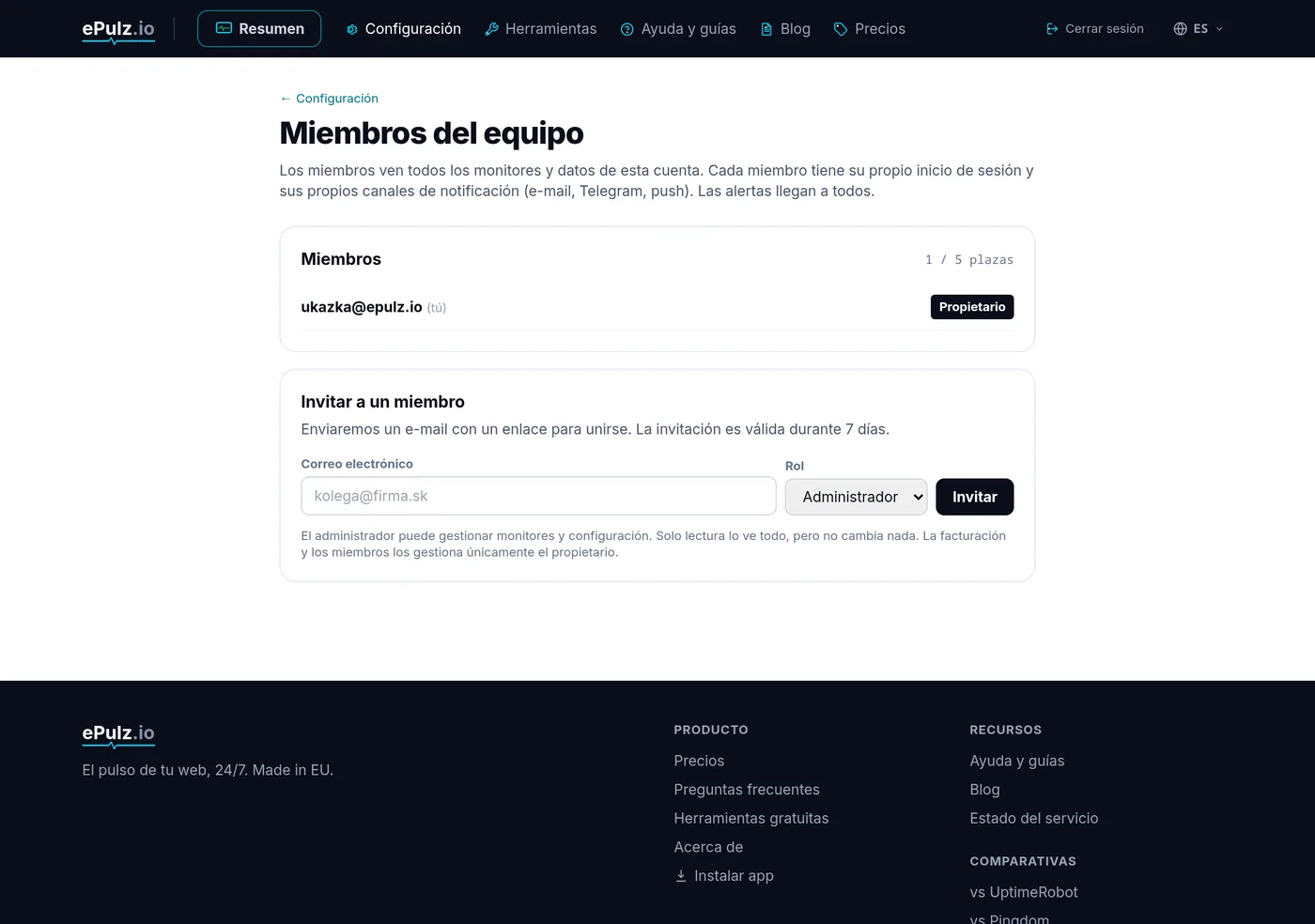 Cuentas de equipo - lista de miembros, roles e invitaciones
