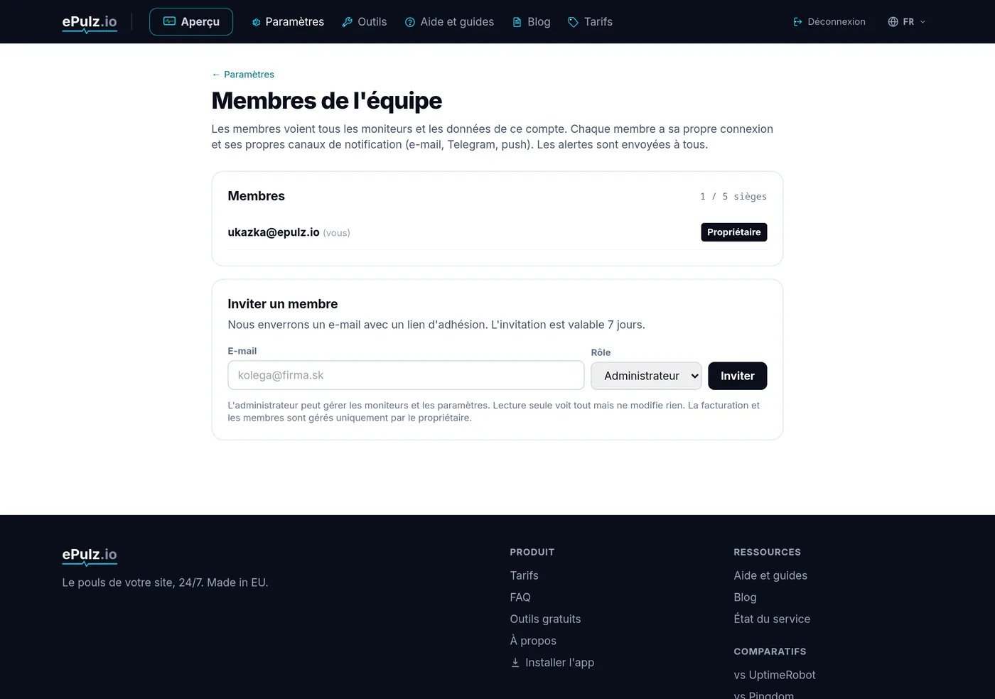 Comptes d'équipe - liste des membres, rôles et invitations