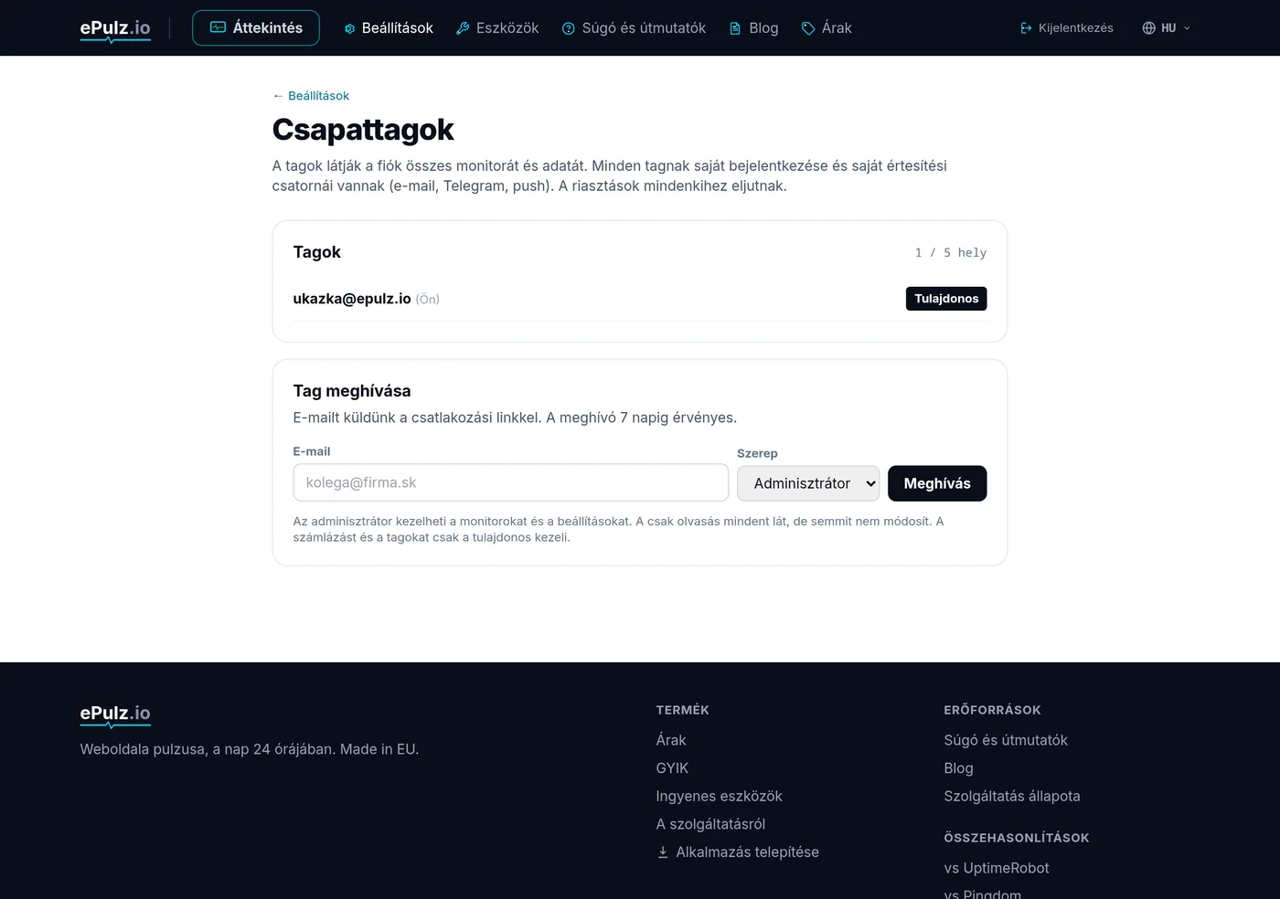 Csapatfiókok - tagok listája, szerepkörök és meghívók