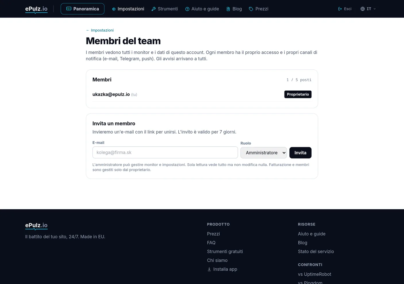 Account team - elenco dei membri, ruoli e inviti