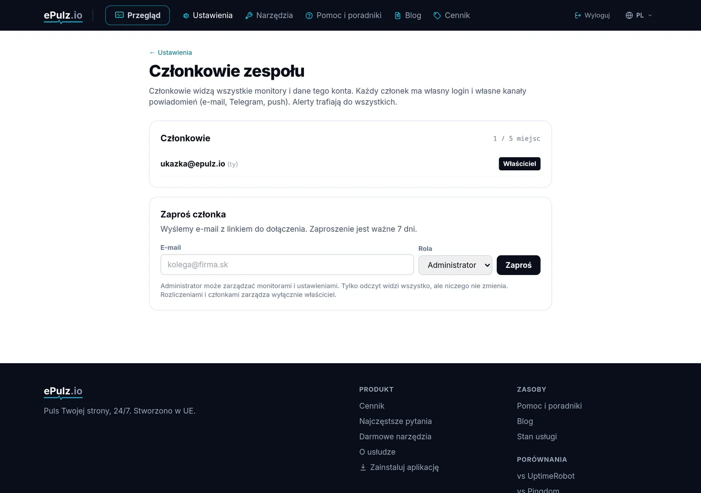Konta zespołowe - lista członków, role i zaproszenia