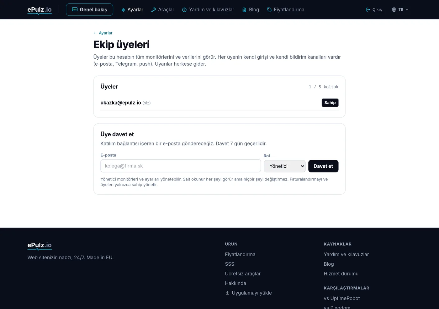 Ekip hesapları - üye listesi, roller ve davetler