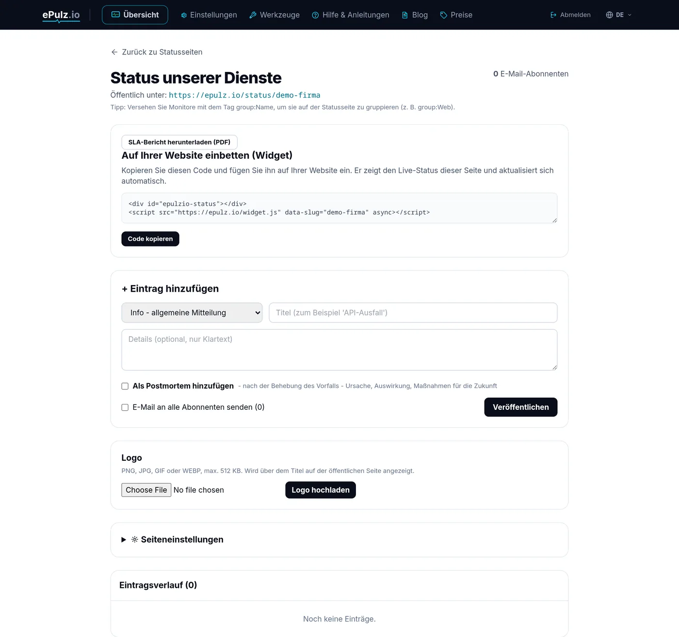 Statusseiten-Editor in ePulz.io