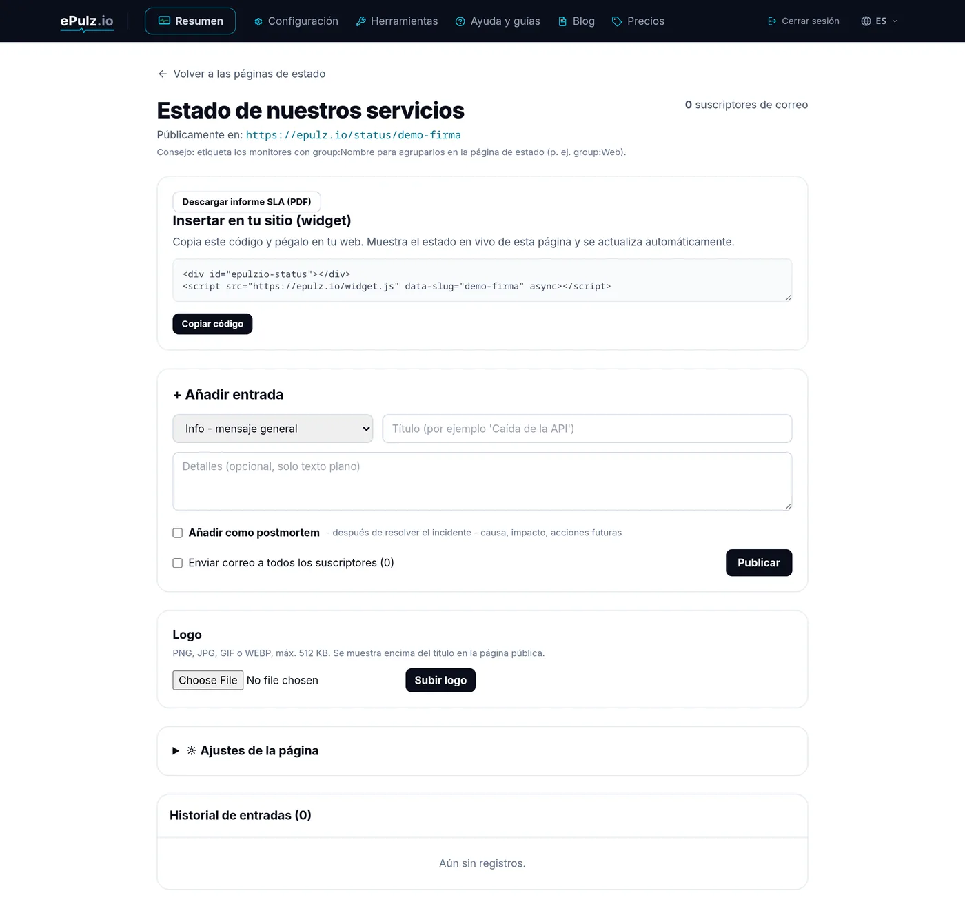 Editor de página de estado en ePulz.io