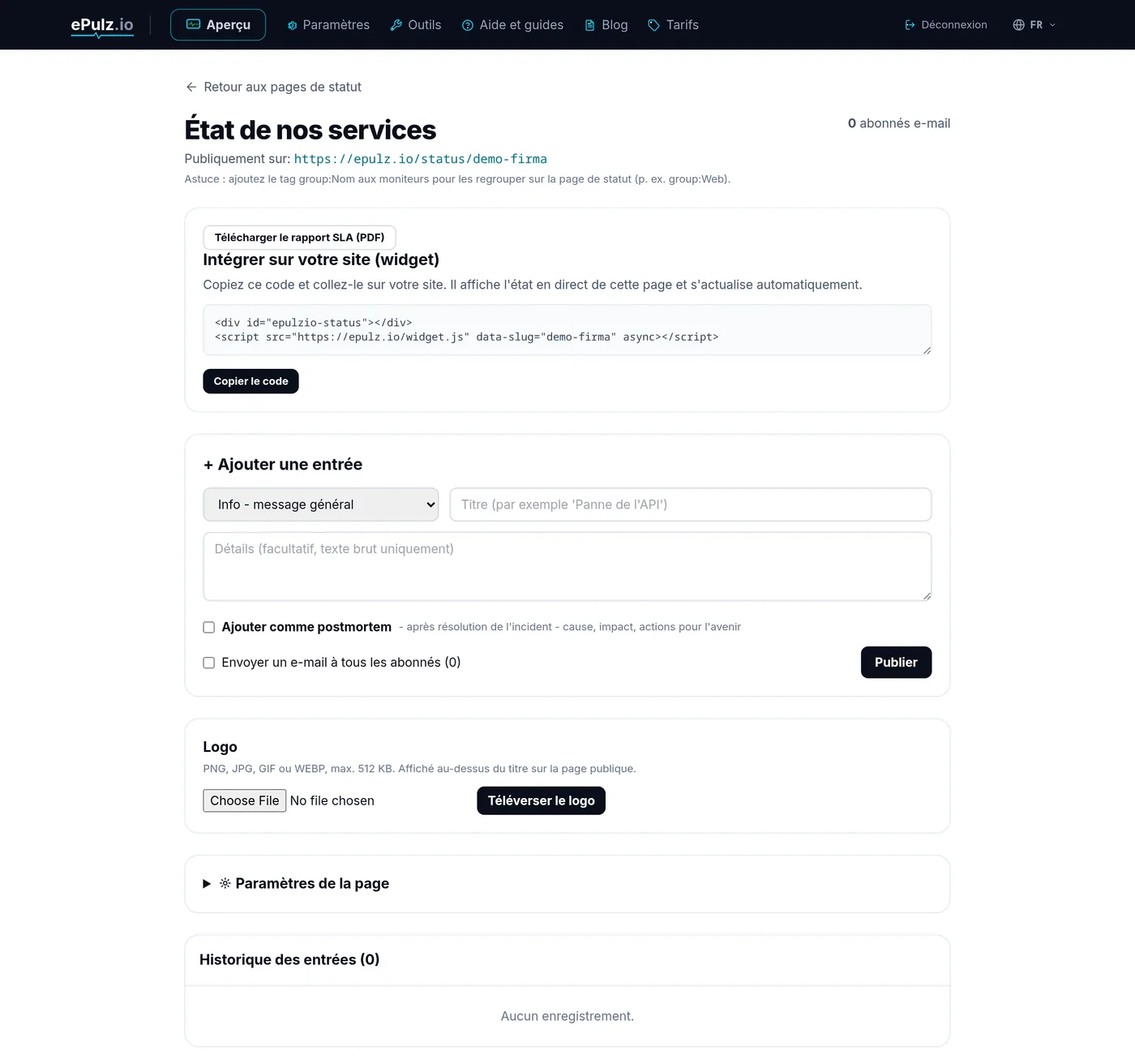 Éditeur de page de statut dans ePulz.io