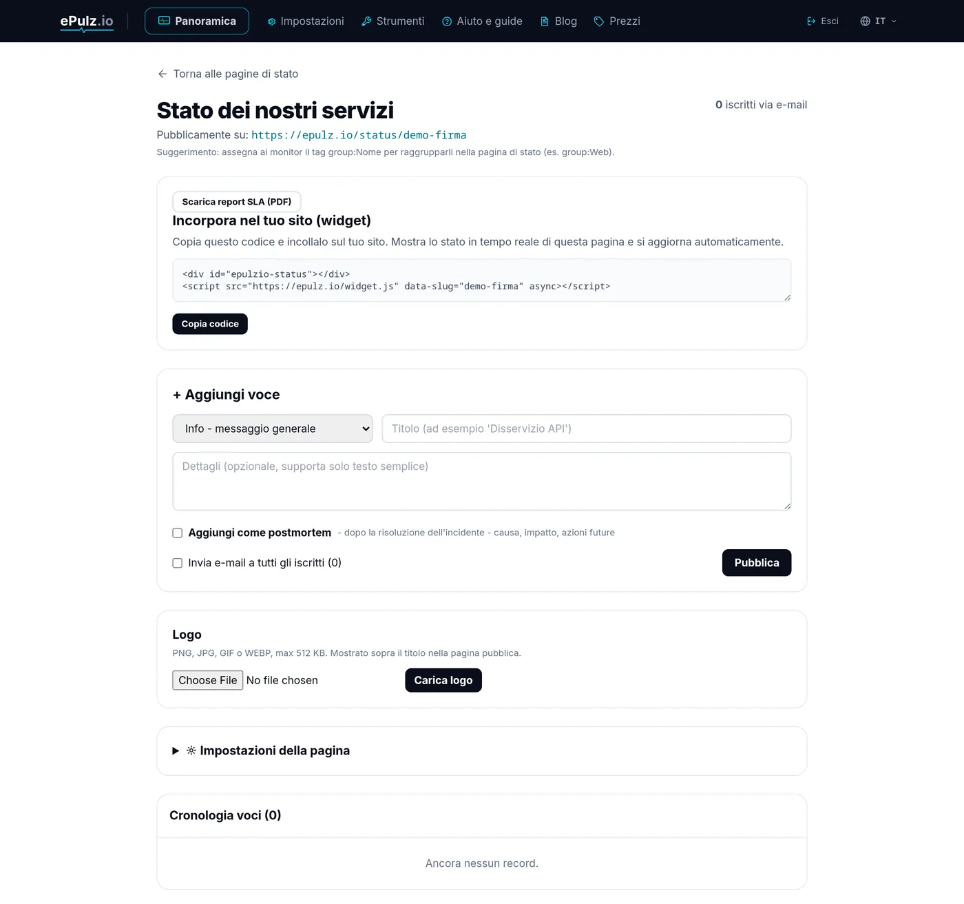 Editor della pagina di stato in ePulz.io