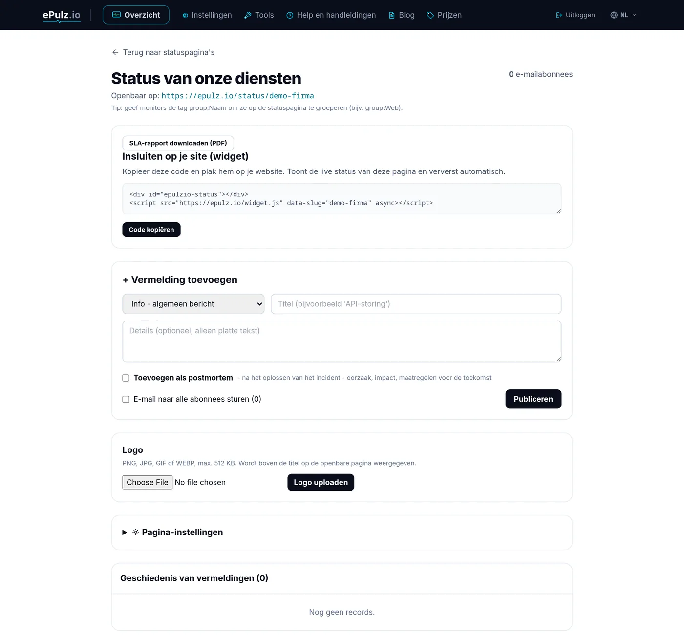 Statuspagina-editor in ePulz.io