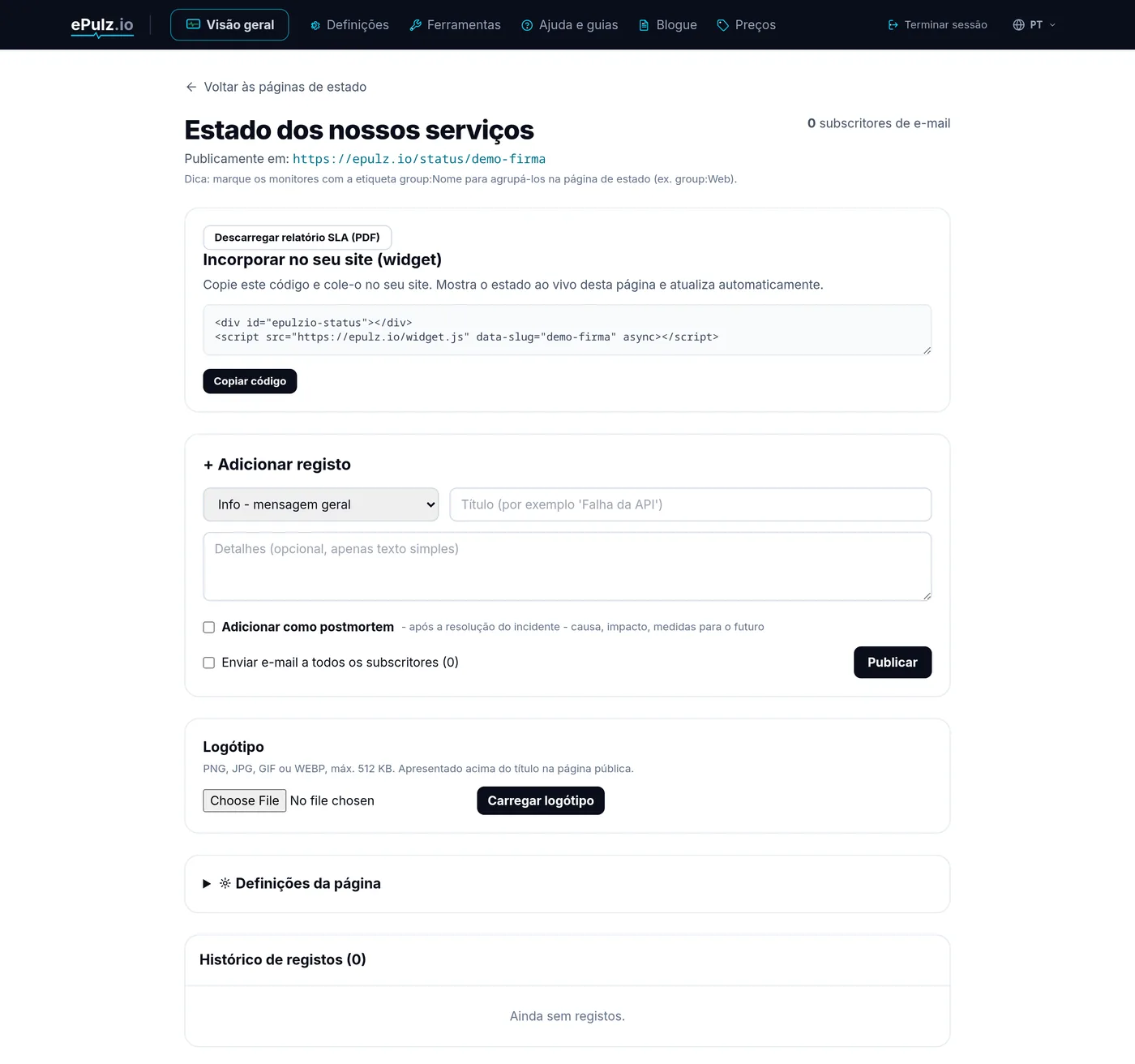 Editor da página de status no ePulz.io