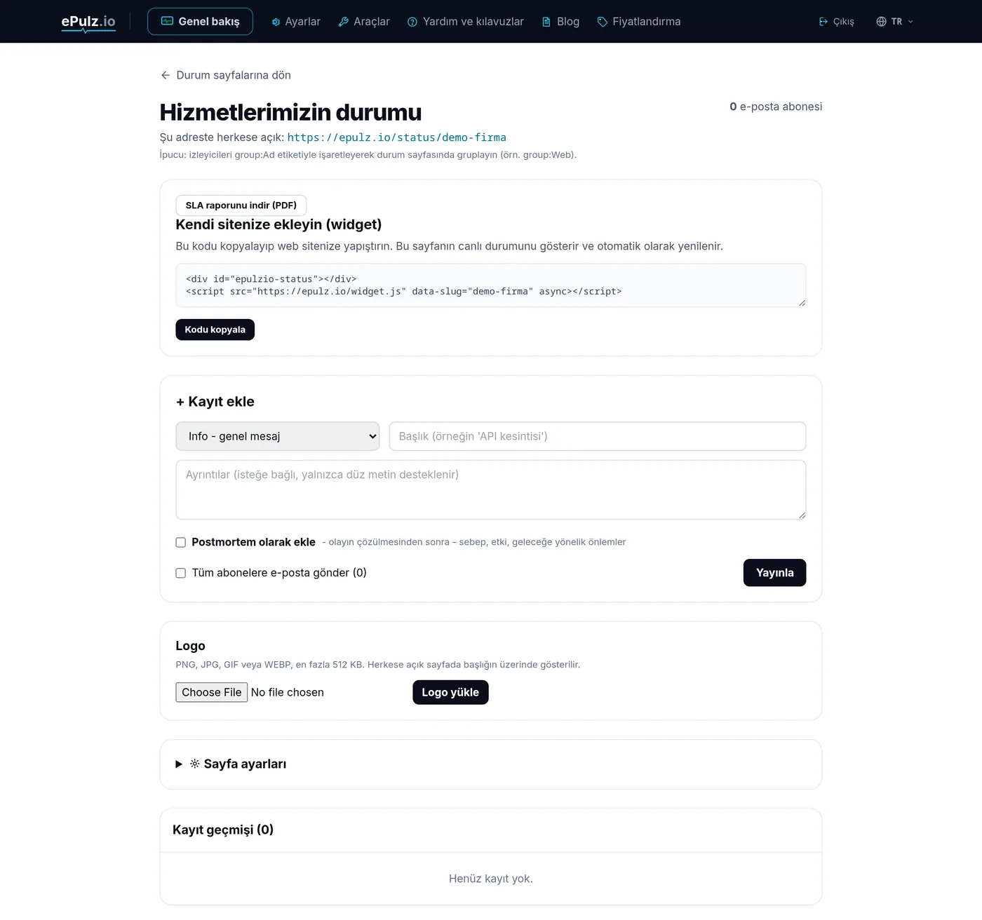 ePulz.io'da durum sayfası düzenleyici