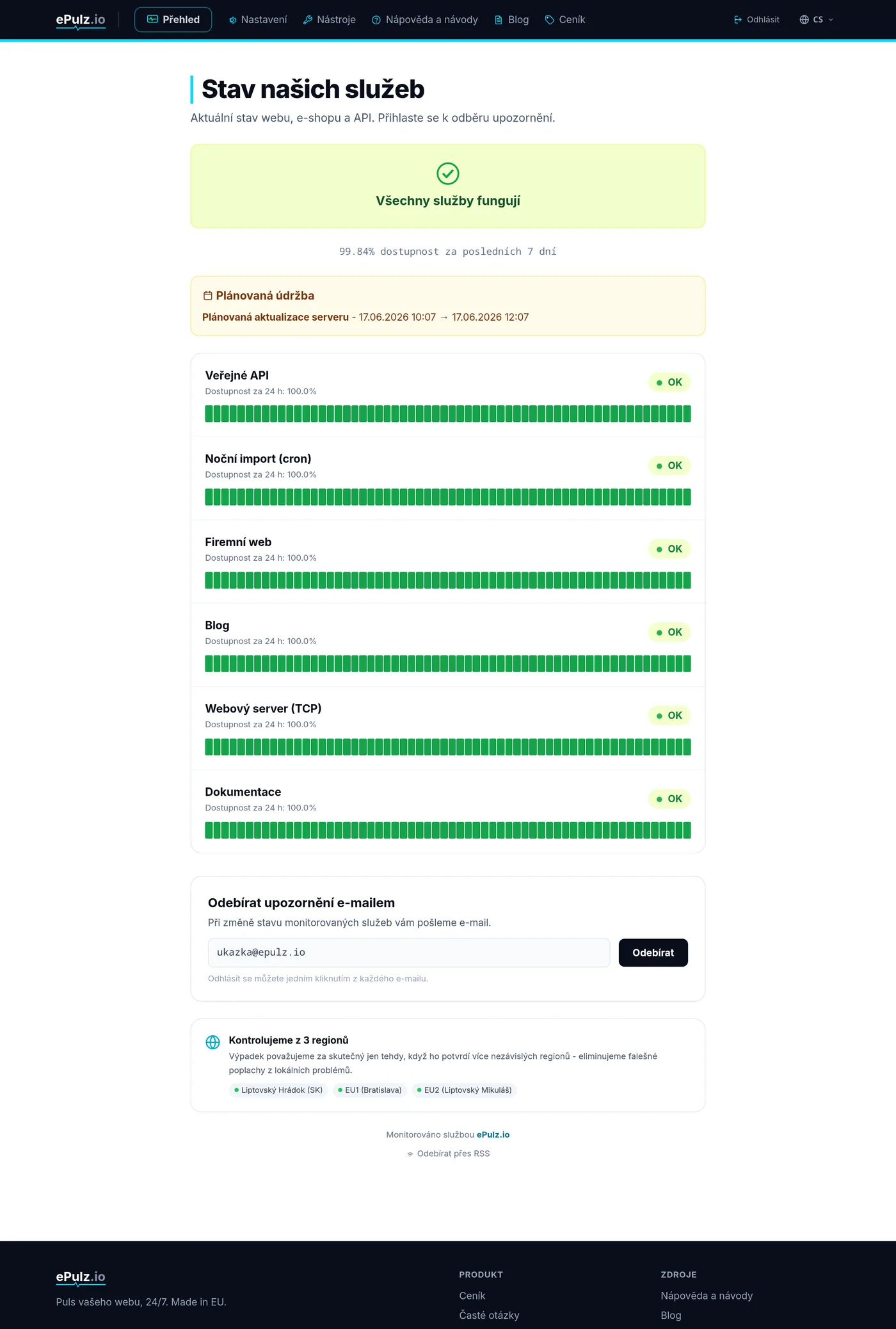 Veřejná status stránka ePulz.io