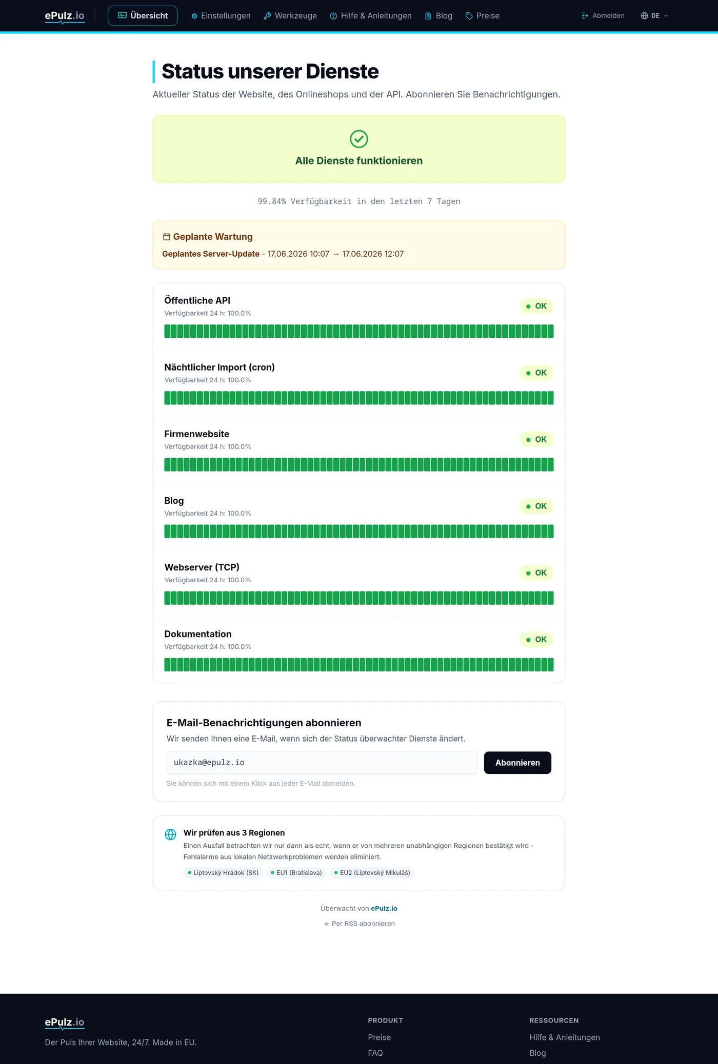 Öffentliche ePulz.io Statusseite