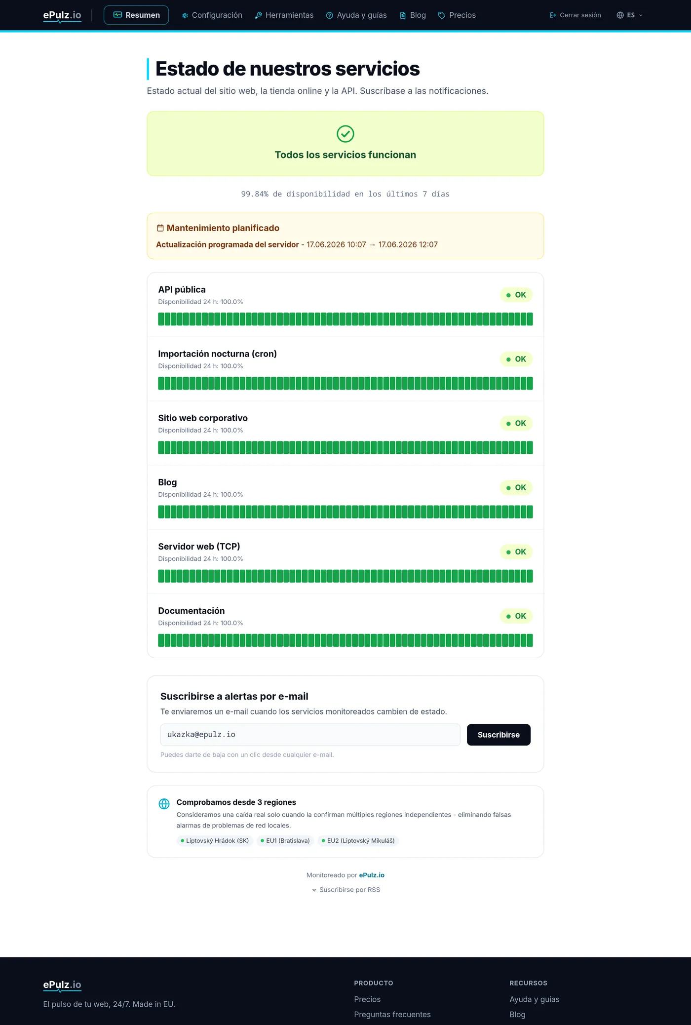 Página de estado pública de ePulz.io