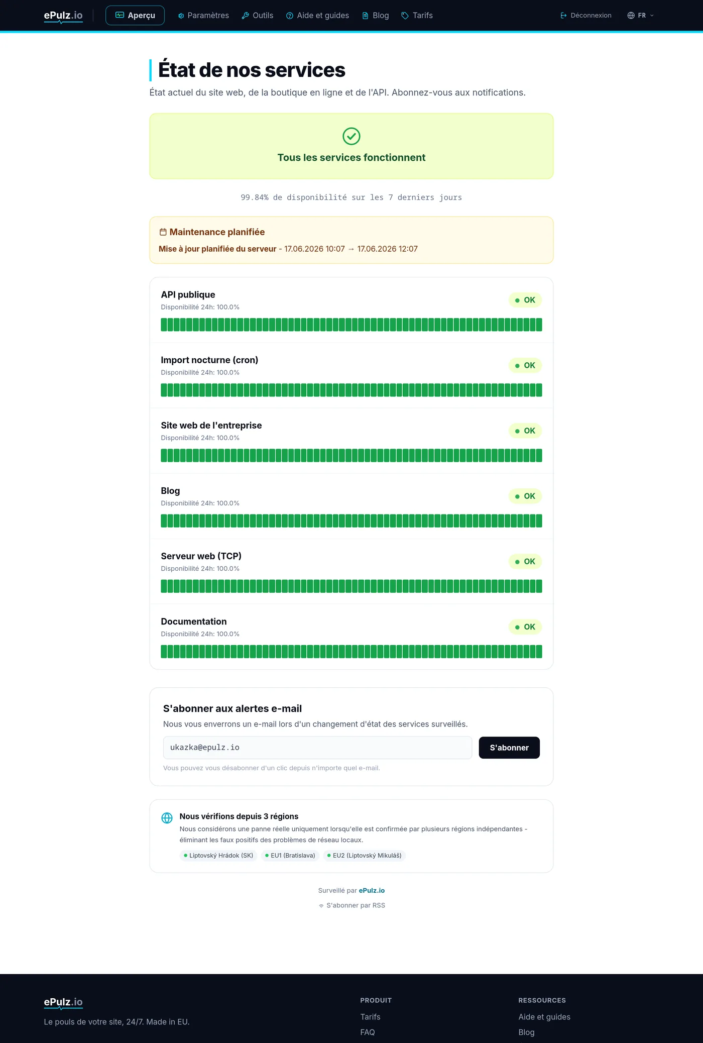 Page de statut publique ePulz.io