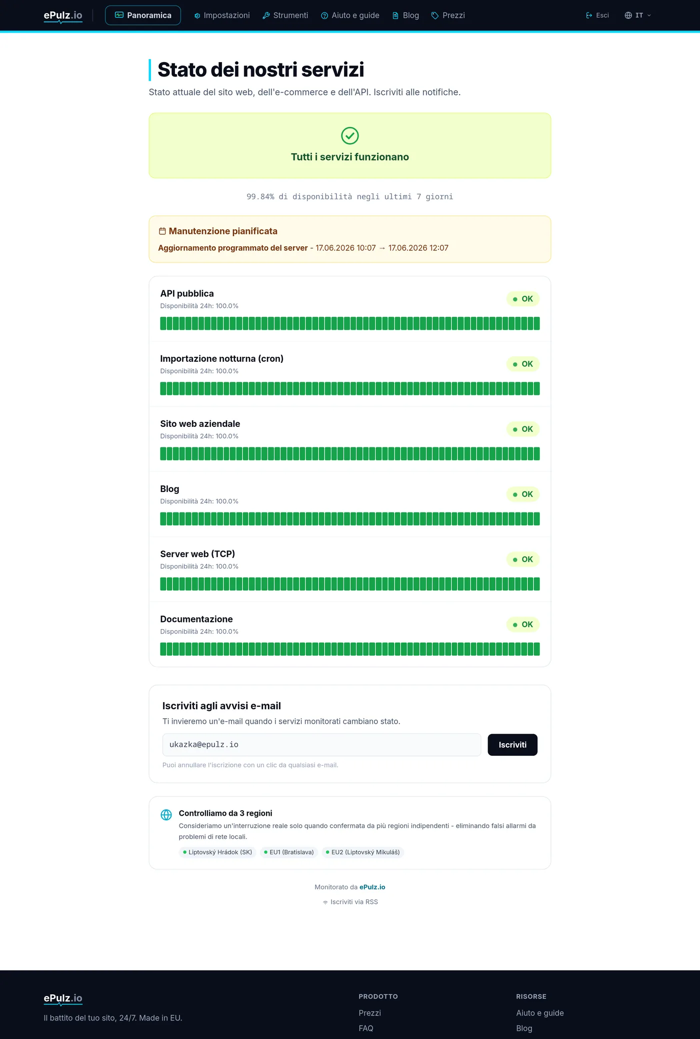 Pagina di stato pubblica ePulz.io