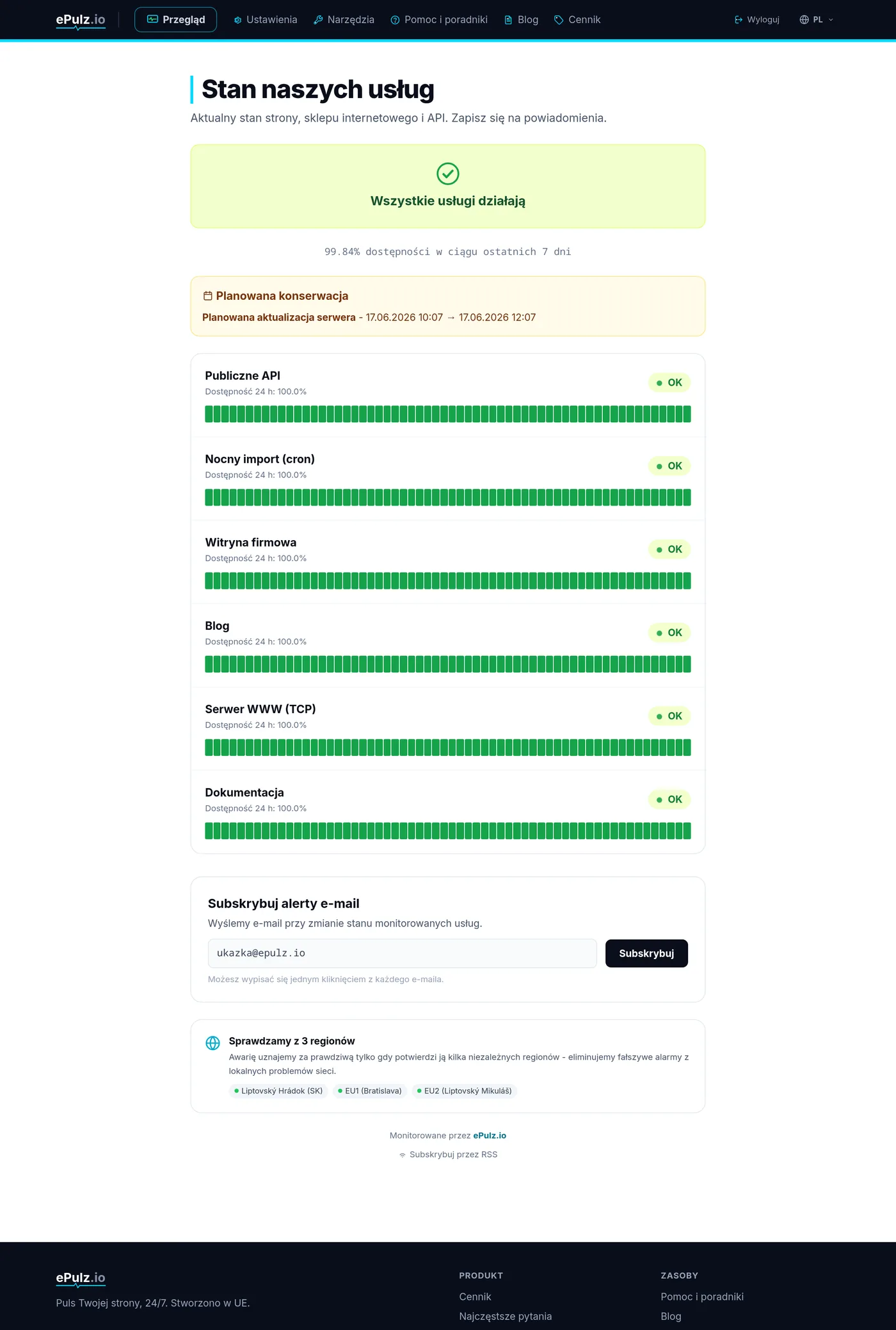 Publiczna strona statusu ePulz.io