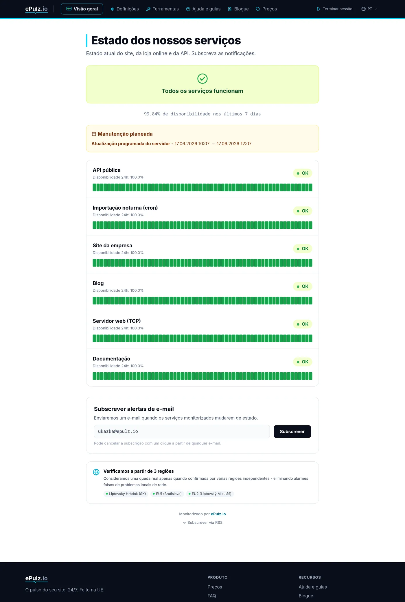 Página de status pública do ePulz.io