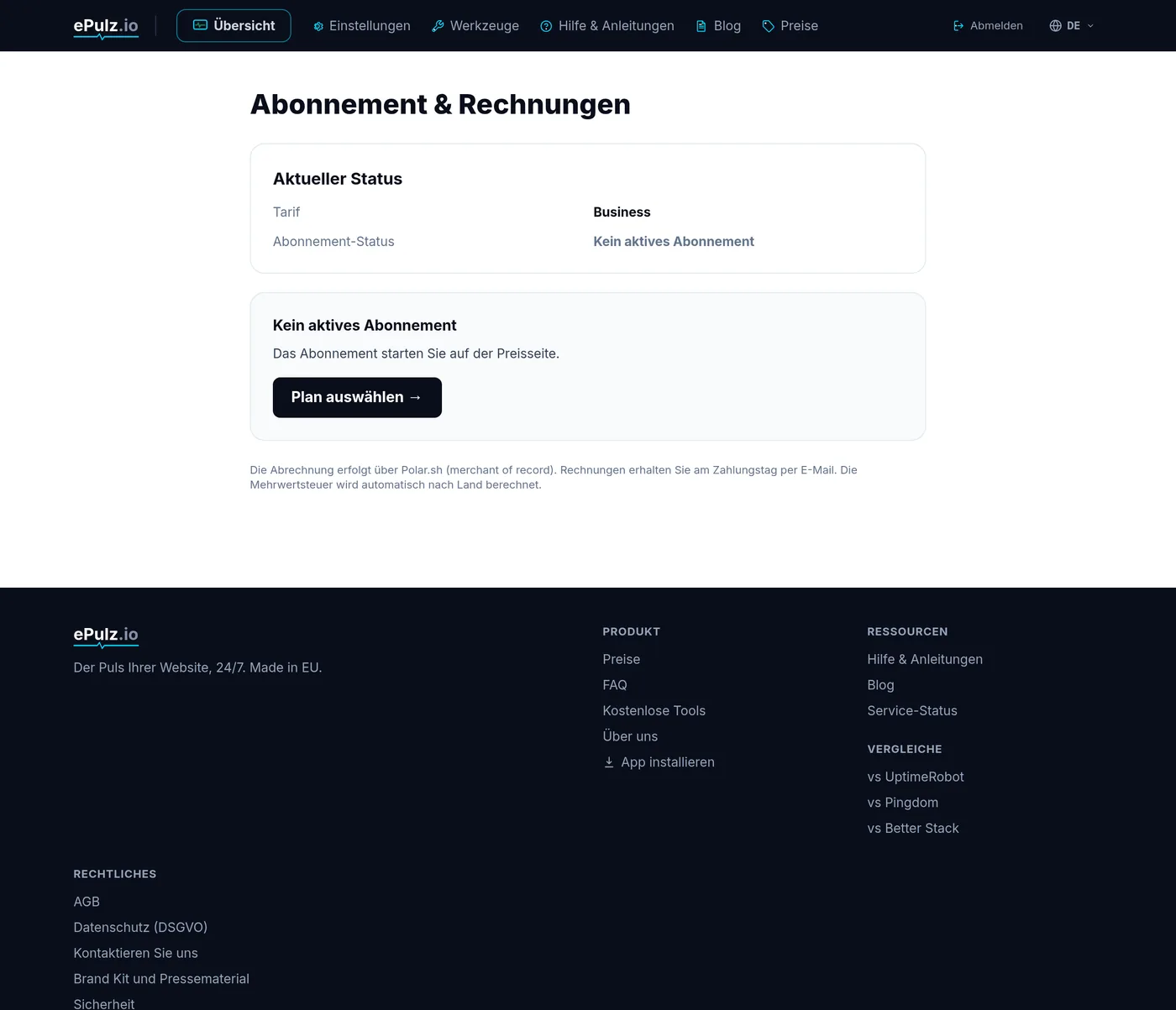 Abonnement und Abrechnung in ePulz.io mit Link zum Customer Portal