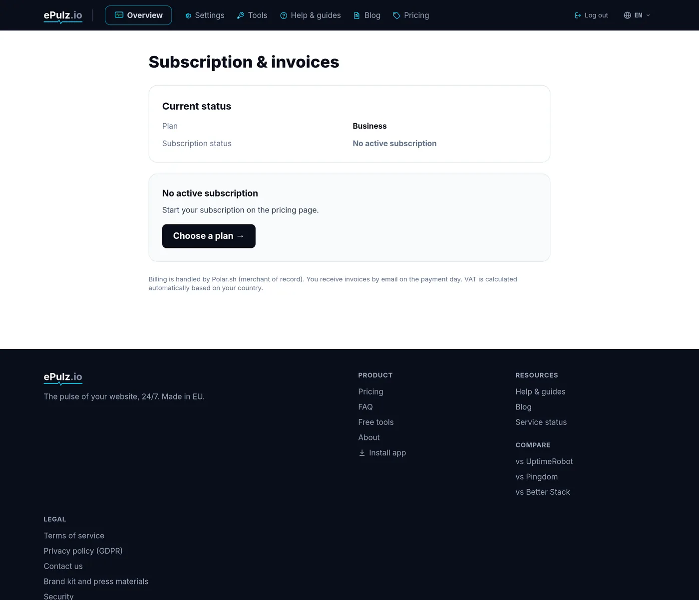Subscription and billing in ePulz.io with a link to the Customer Portal
