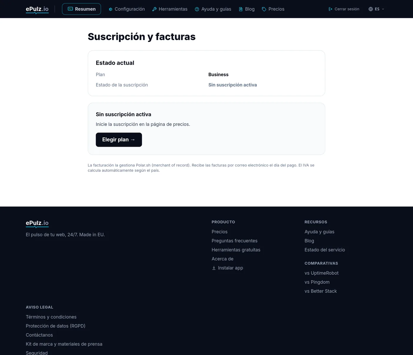 Suscripción y facturación en ePulz.io con un enlace al Customer Portal