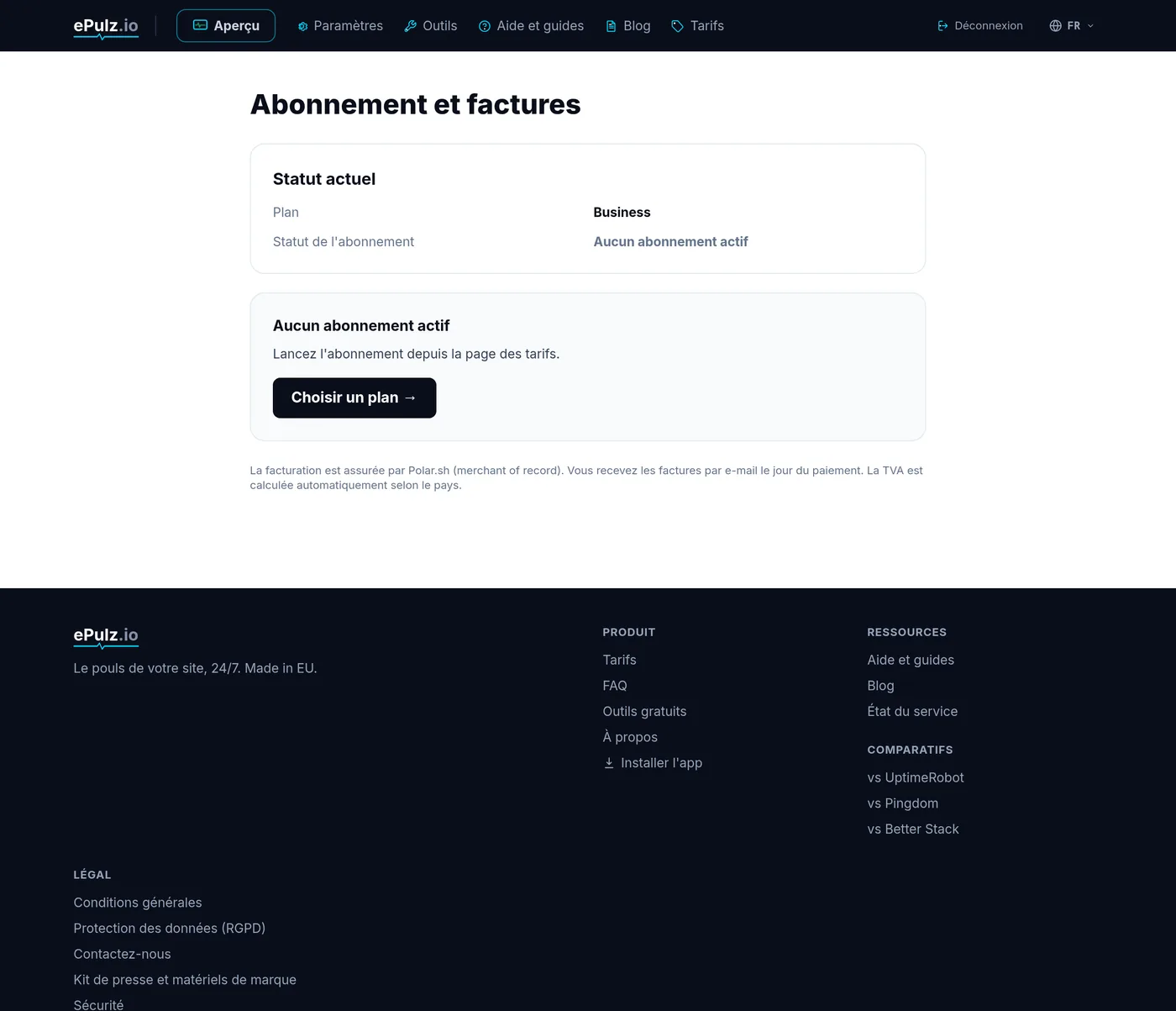 Abonnement et facturation dans ePulz.io avec un lien vers le Customer Portal