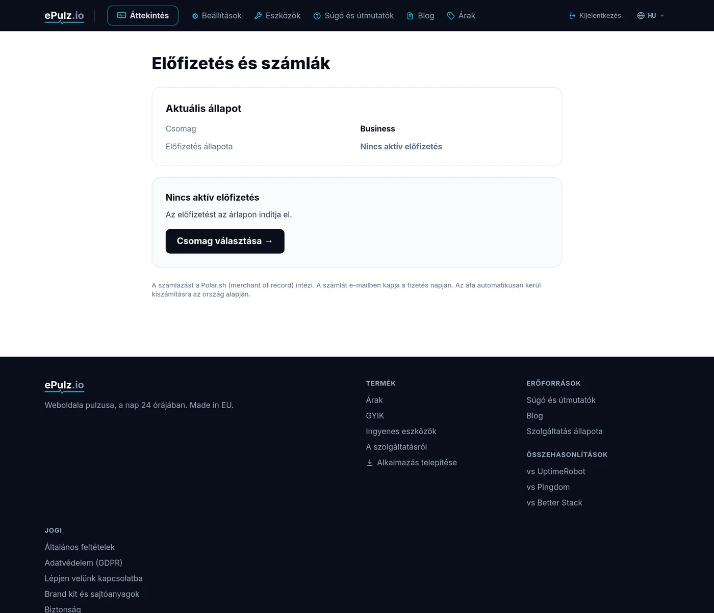 Előfizetés és számlázás az ePulz.io-ban a Customer Portal hivatkozásával