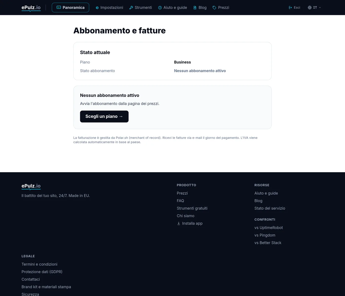 Abbonamento e fatturazione in ePulz.io con un link al Customer Portal