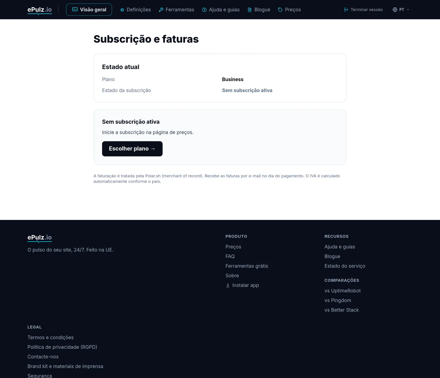 Subscrição e facturação no ePulz.io com uma ligação para o Customer Portal