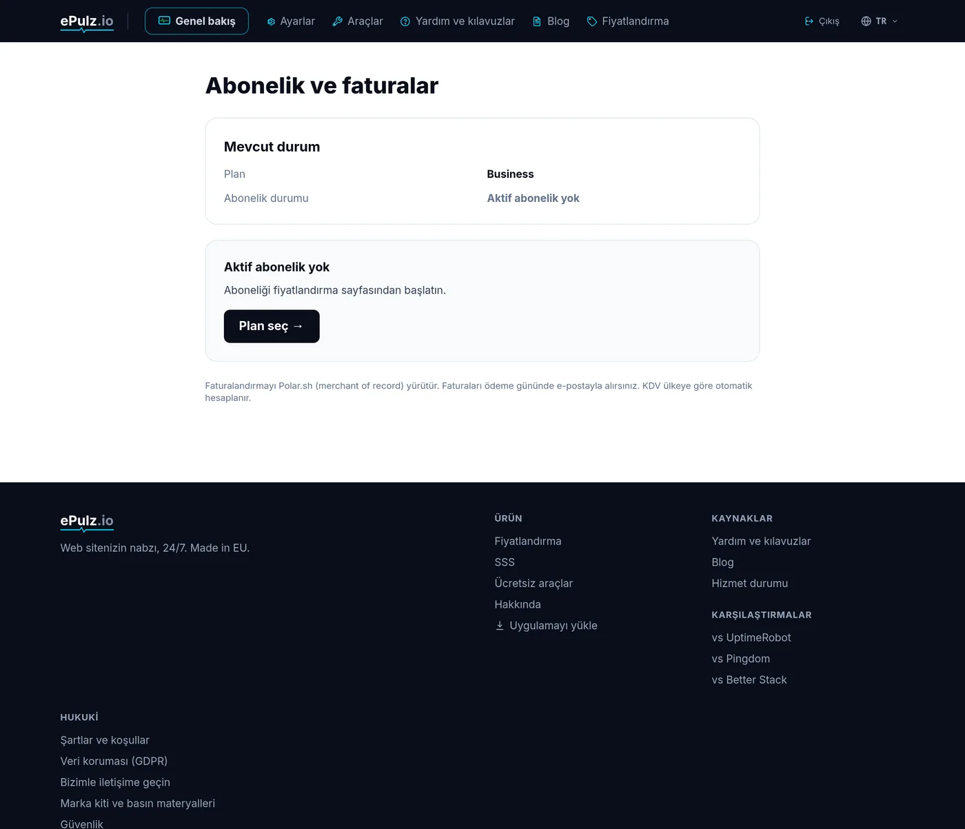 ePulz.io'da abonelik ve faturalama, Customer Portal bağlantısıyla