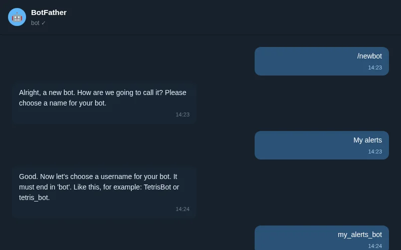 BotFather chat - /newbot command